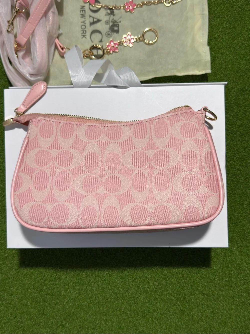Coach Pink Signature Canvas Wristlet with Floral Charm Chain